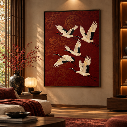 Imperial Red Five Cranes – Luxury Oriental Wall Art