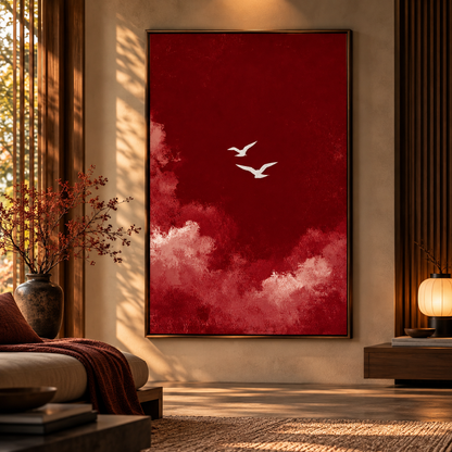Crimson Sky Twin Birds – Minimalist Abstract Wall Art