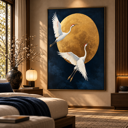 Golden Moon Twin Cranes – Japanese Luxury Canvas Art