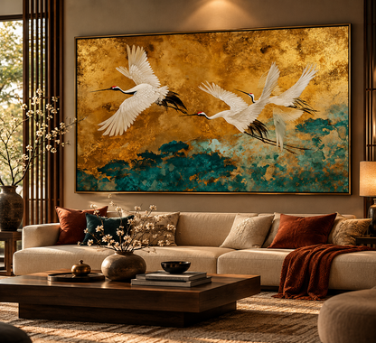 Golden Flight Three Cranes – Luxury Nature Wall Art