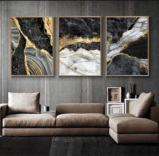 ABSTRACT GOLDEN BLACK ART – 3 PANEL SET