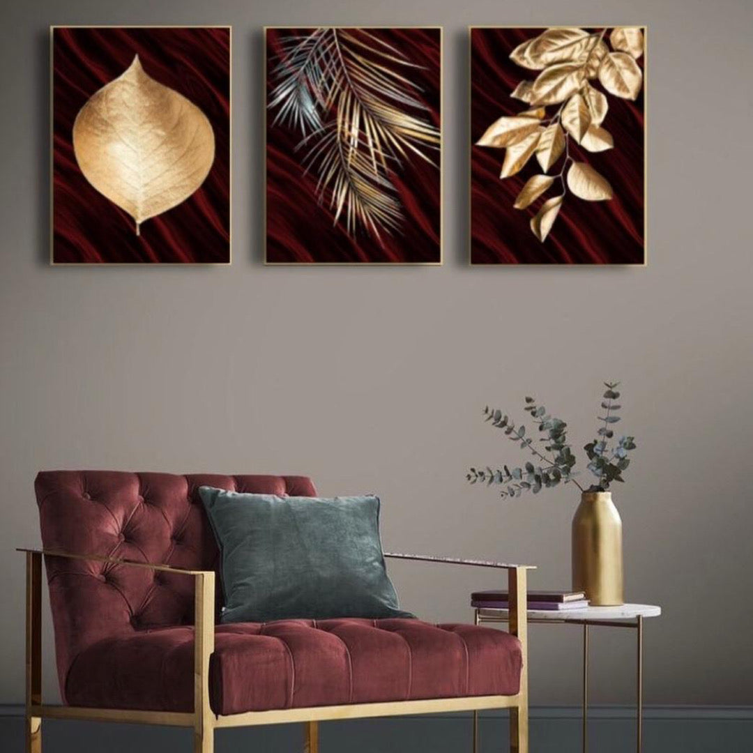 GOLDEN & RED FLORAL – 3 PANEL SET – FLORAL WALL ART