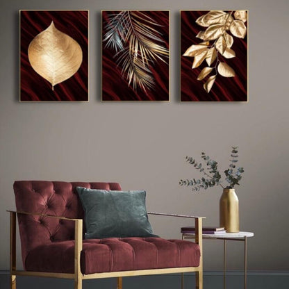 GOLDEN & RED FLORAL – 3 PANEL SET – FLORAL WALL ART