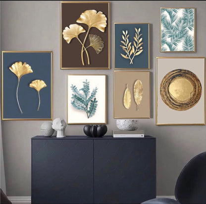 GOLDEN LEAVES DIGITAL – GOLDEN FLOWERS WALL SETUP – 7 PANEL SET – FLORAL WALL ART