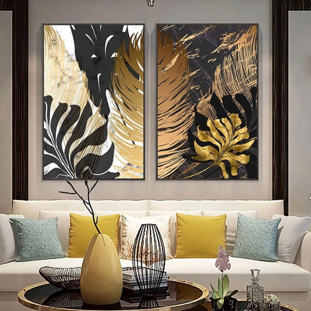 BLACK AND GOLDEN – 2 PANEL SET- FLORAL WALL ART