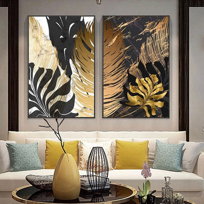 BLACK AND GOLDEN – 2 PANEL SET- FLORAL WALL ART