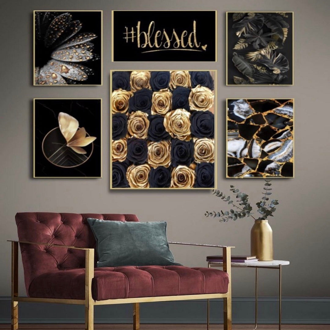 GOLDEN AND BLACK FLORAL – 6 WALL DECOR SETUP – FLORAL WALL ART