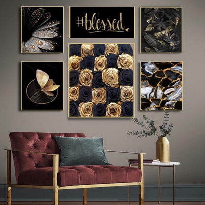 GOLDEN AND BLACK FLORAL – 6 WALL DECOR SETUP – FLORAL WALL ART