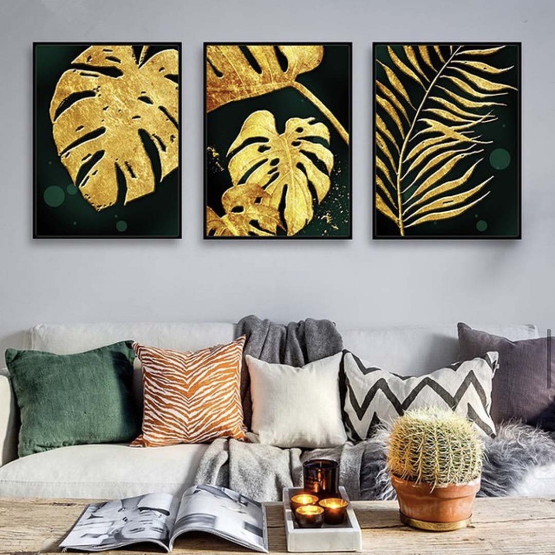 GOLDEN TROPICAL LEAVES – 3 PANEL SET – FLORAL WALL ART