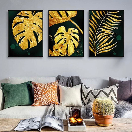GOLDEN TROPICAL LEAVES – 3 PANEL SET – FLORAL WALL ART