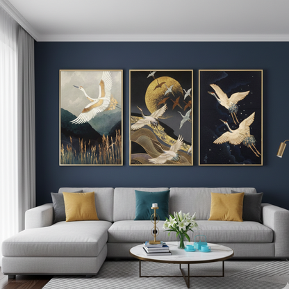ABSTRACT FLYING CRANE ART – 3 PANEL SET – ABSTRACT WALL ART