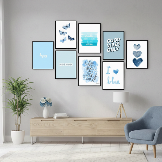 SKY BLUE BUTTERFLIES – 8 PANEL SET – QUOTES WALL ART