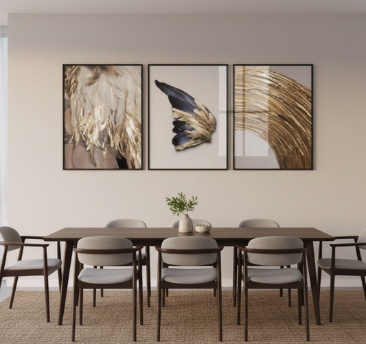GOLDEN FEATHERS ART – 3 PANEL SET