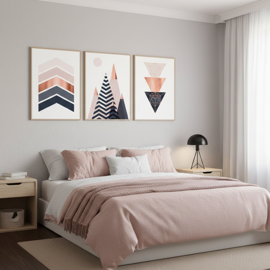 PINK GEOMETRIC ABSTRACT – 3 PANEL SET- GEOMETRICAL WALL ART