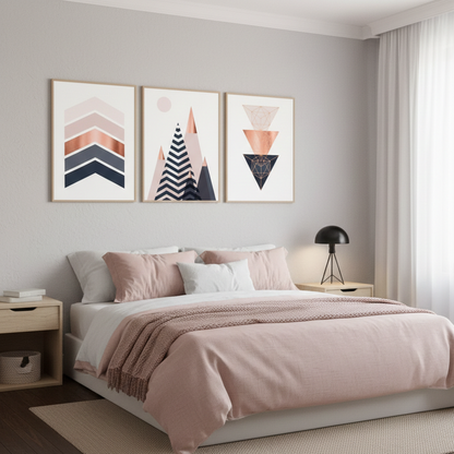PINK GEOMETRIC ABSTRACT – 3 PANEL SET- GEOMETRICAL WALL ART