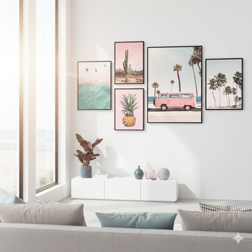 PINK VAN BEACH PALM COAST – 5 PANEL SET – NATURE WALL ART