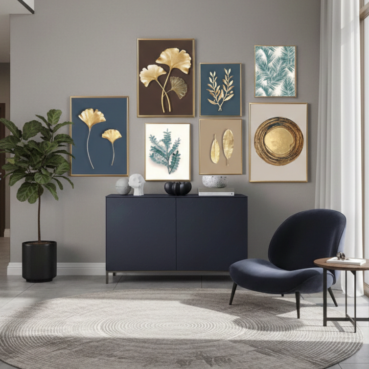 GOLDEN LEAVES DIGITAL – GOLDEN FLOWERS WALL SETUP – 7 PANEL SET – FLORAL WALL ART