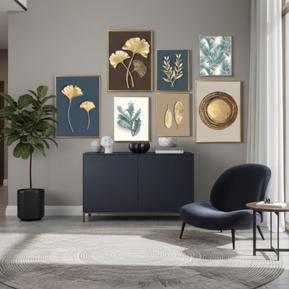 GOLDEN LEAVES DIGITAL – GOLDEN FLOWERS WALL SETUP – 7 PANEL SET – FLORAL WALL ART