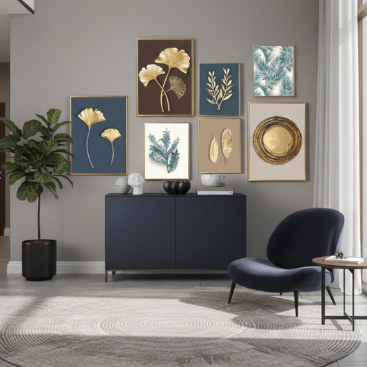 GOLDEN LEAVES DIGITAL – GOLDEN FLOWERS WALL SETUP – 7 PANEL SET – FLORAL WALL ART