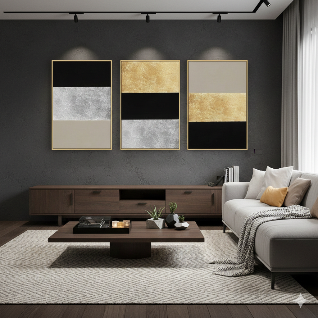 ABSTRACT GOLD AND SILVER ART – 3 PANEL SET – ABSTRACT WALL ART