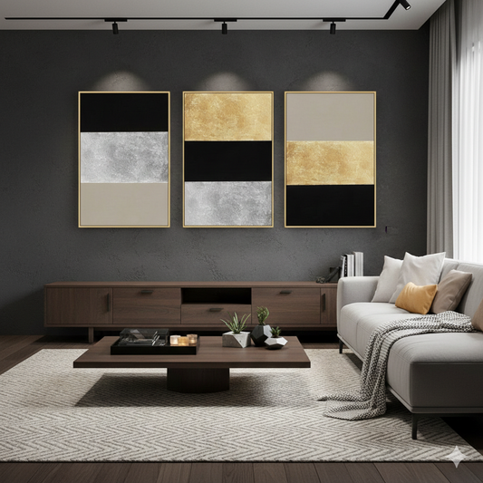 ABSTRACT GOLD AND SILVER ART – 3 PANEL SET – ABSTRACT WALL ART