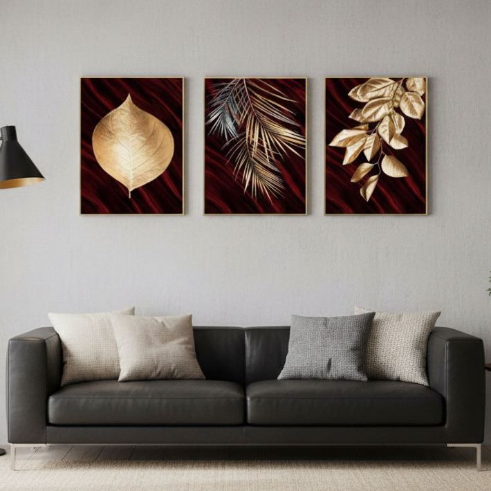 GOLDEN & RED FLORAL – 3 PANEL SET – FLORAL WALL ART