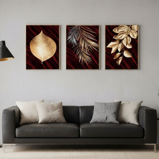 GOLDEN & RED FLORAL – 3 PANEL SET – FLORAL WALL ART