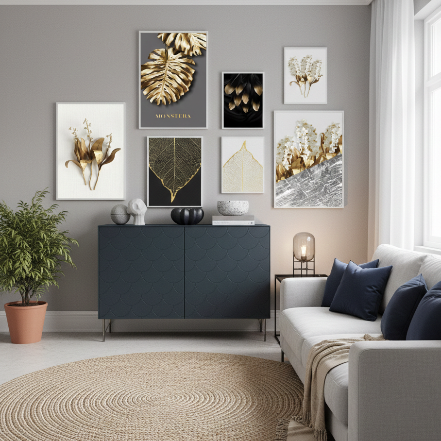 GOLDEN LEAVES – GOLDEN FLOWERS WALL SETUP – 7 PANEL SET – FLORAL WALL ART