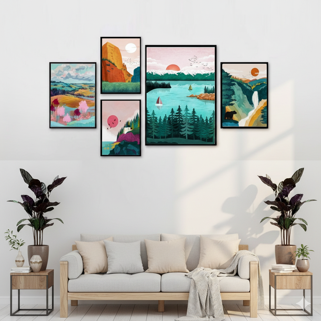 ABSTRACT FOREST WALL SETUP – 5 PANEL SET – NATURE WALL ART