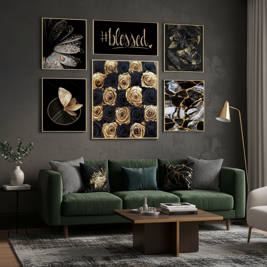 GOLDEN AND BLACK FLORAL – 6 WALL DECOR SETUP – FLORAL WALL ART