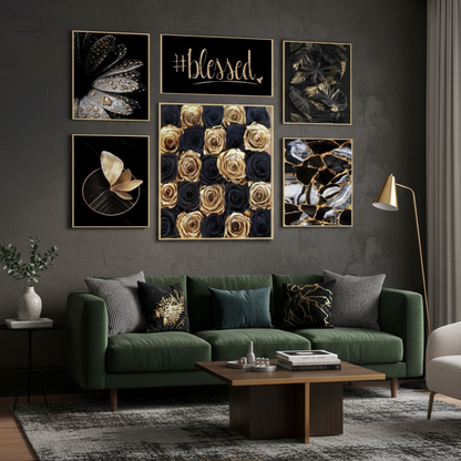 GOLDEN AND BLACK FLORAL – 6 WALL DECOR SETUP – FLORAL WALL ART