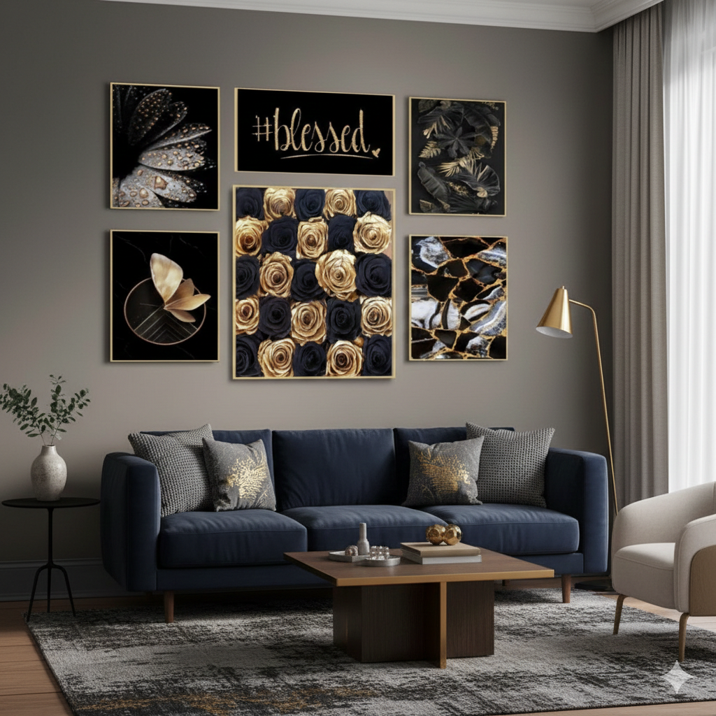 GOLDEN AND BLACK FLORAL – 6 WALL DECOR SETUP – FLORAL WALL ART