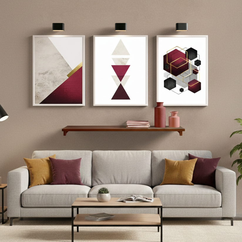 GEOMETRIC PURPLE AND WHITE ART – 3 PANEL SET – GEOMETRICAL WALL ART