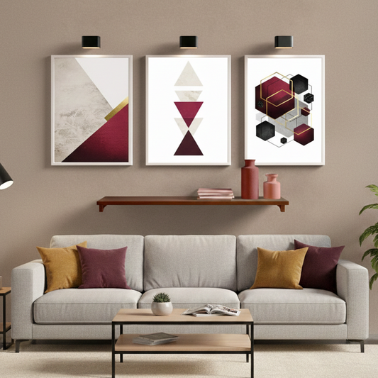 GEOMETRIC PURPLE AND WHITE ART – 3 PANEL SET – GEOMETRICAL WALL ART