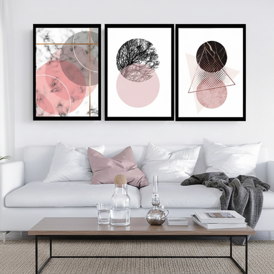 PINK GEOMETRIC ART – 3 PANEL SET – GEOMETRICAL WALL ART