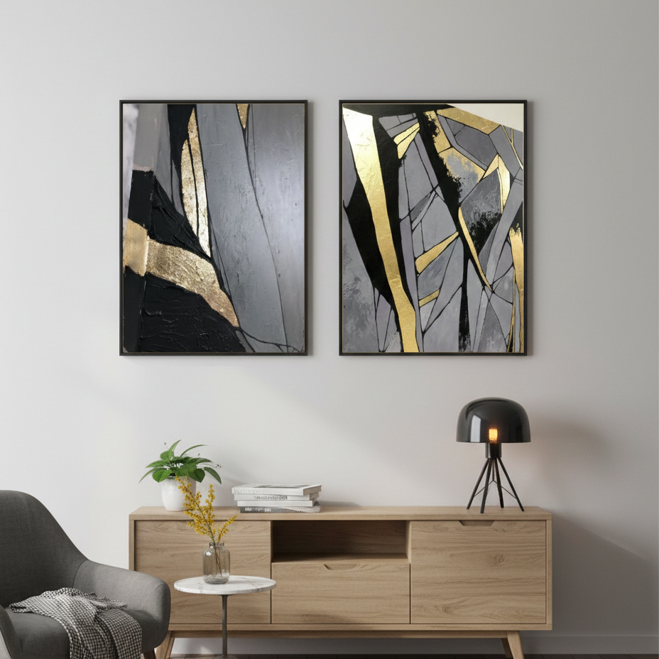 ABSTRACT PAINTING GRAY GOLDEN – 2 PANEL SET