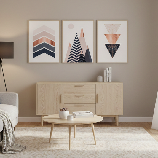 PINK GEOMETRIC ABSTRACT – 3 PANEL SET- GEOMETRICAL WALL ART