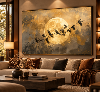 Moonlit Crane Migration – Vintage Gold Canvas Art
