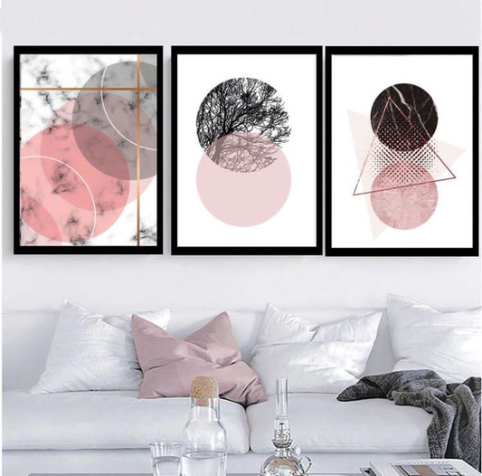 PINK GEOMETRIC ART – 3 PANEL SET – GEOMETRICAL WALL ART