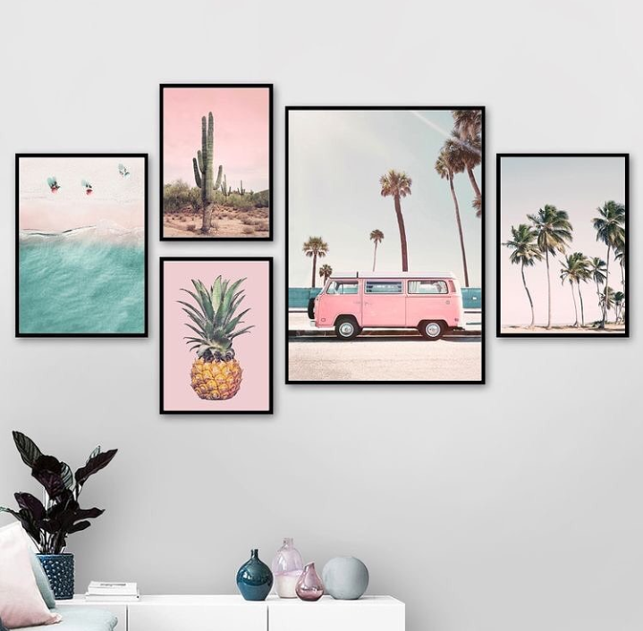 PINK VAN BEACH PALM COAST – 5 PANEL SET – NATURE WALL ART