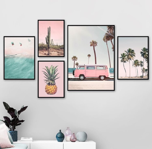 PINK VAN BEACH PALM COAST – 5 PANEL SET – NATURE WALL ART