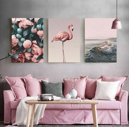 FLAMINGO BIRDS – 3 PANEL SET- BIRD WALL ART