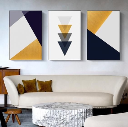 GEOMETRIC YELLOW BLACK AND WHITE ART – 3 PANEL SET – GEOMETRICAL WALL ART