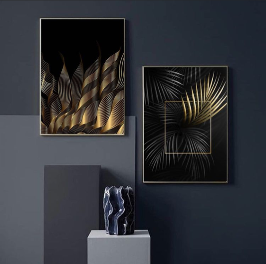 BLACK GOLD LEAFY WALL ART – 2 PANEL SET
