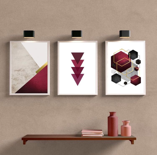 GEOMETRIC PURPLE AND WHITE ART – 3 PANEL SET – GEOMETRICAL WALL ART