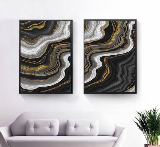 BLACK WHITE GOLD MARBLE WAVES WALL ART – 2 PANEL SET
