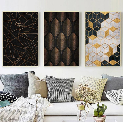 GEOMETRIC BLACK GOLDEN ART – 3 PANEL SET – GEOMETRICAL WALL ART