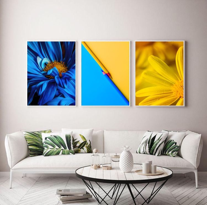 BLUE YELLOW FLOWER ART – 3 PANEL SET – FLORAL WALL ART