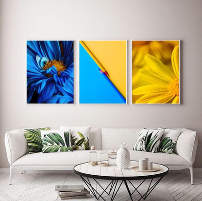 BLUE YELLOW FLOWER ART – 3 PANEL SET – FLORAL WALL ART