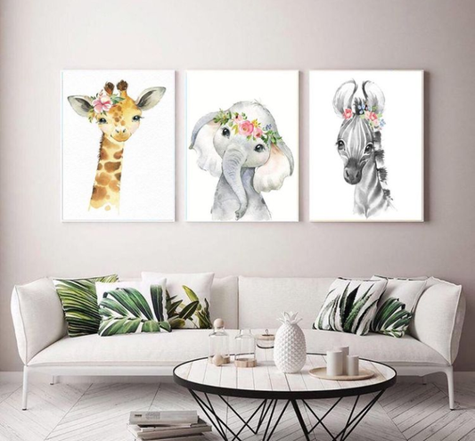 GIRAFFE ELEPHANT ZEBRA – 3 PANEL SET – ANIMALS WALL ART